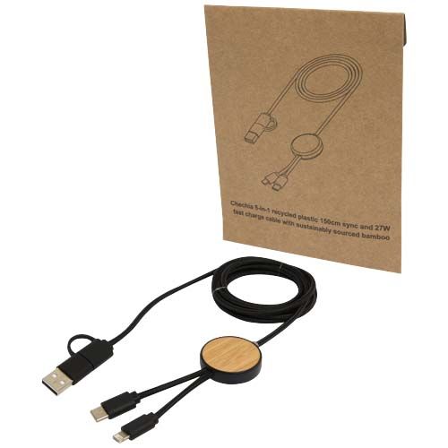 Cable 5 en 1 de plástico reciclado de 150 cm para sincronización de datos y carga rápida de 27 W con detalles de bambú 