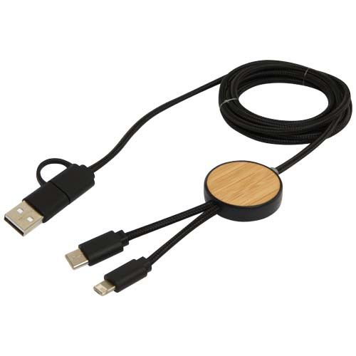 black Cable 5 en 1 de plástico reciclado de 150 cm para sincronización de datos y carga rápida de 27 W con detalles de bambú