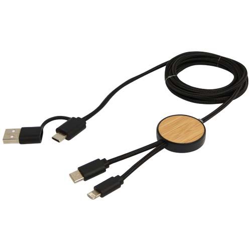 black Cable 5 en 1 de plástico reciclado de 150 cm para sincronización de datos y carga rápida de 27 W con detalles de bambú