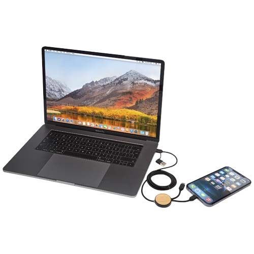 black Cable 5 en 1 de plástico reciclado de 150 cm para sincronización de datos y carga rápida de 27 W con detalles de bambú