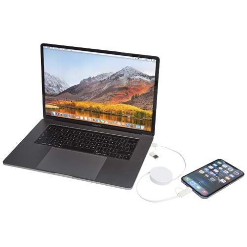 white Cable retráctil 5 en 1 de plástico reciclado de 90 cm para sincronización de datos y carga rápida de 40 W