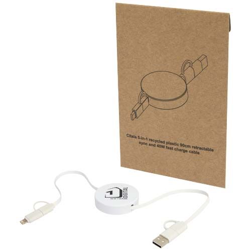 Câble rétractable 5 en 1 Citala en plastique recyclé de 90 cm pour la synchronisation des données et la charge rapide de 40 W - 2