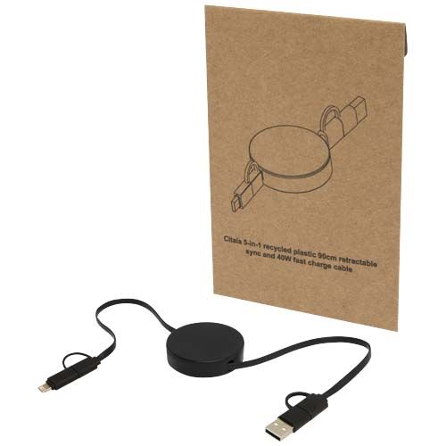 Cable retráctil 5 en 1 de plástico reciclado de 90 cm para sincronización de datos y carga rápida de 40 W 
