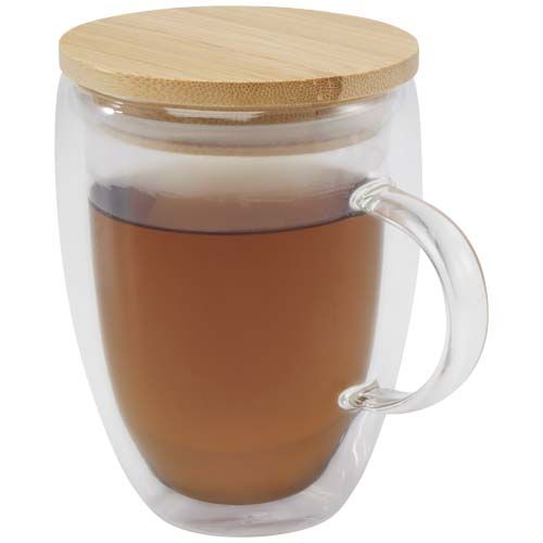 Taza de vidrio de 350 ml con tapa de bambú 