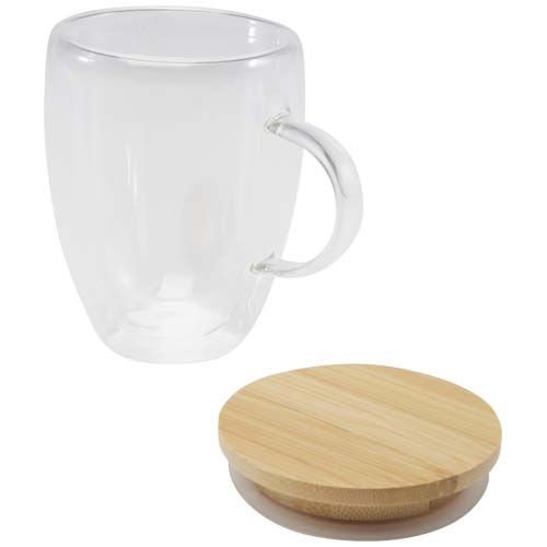 Taza de vidrio de 350 ml con tapa de bambú 
