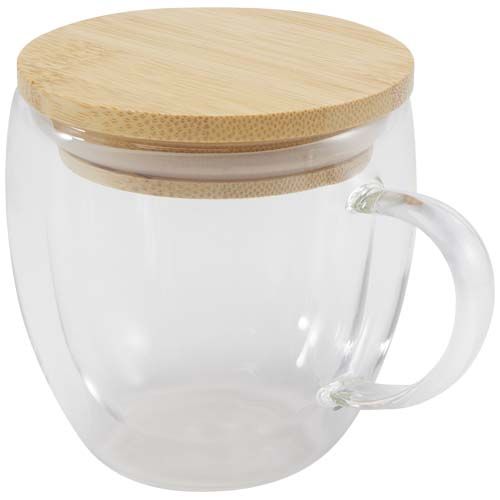 blanco translúcido Taza de vidrio de 250 ml con tapa de bambú