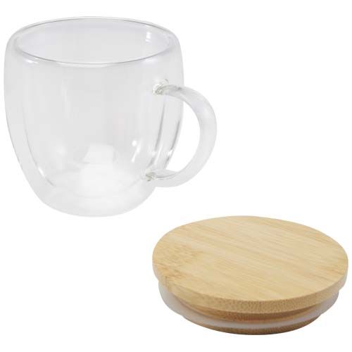 blanco translúcido Taza de vidrio de 250 ml con tapa de bambú