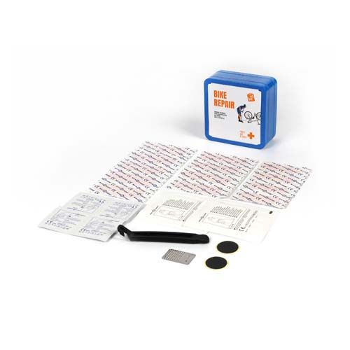 blue Kit de reparación de bicicletas en caja metálica