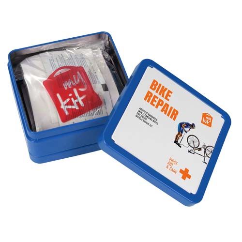 blue Kit de reparación de bicicletas en caja metálica