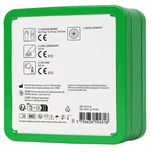 green Kit de reparación de bicicletas en caja metálica