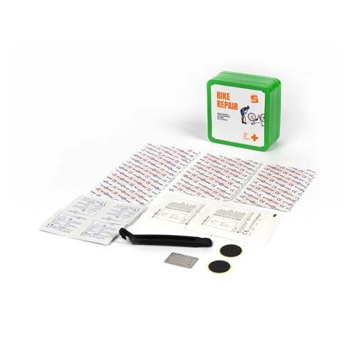 green Kit de reparación de bicicletas en caja metálica