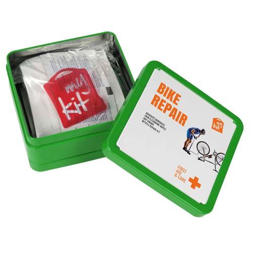 green Kit de reparación de bicicletas en caja metálica