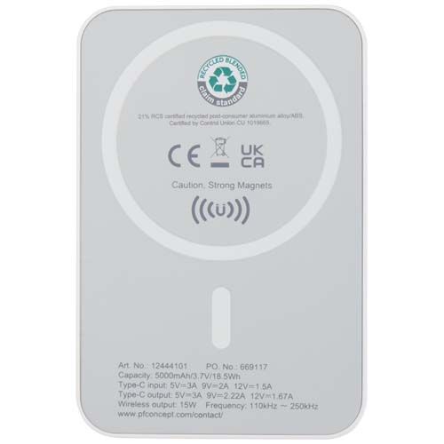 white Batería externa inalámbrica magnética de 5000 mAh y 15 W con PD de 20 W fabricada con plástico reciclado