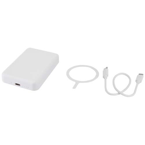 white Batería externa inalámbrica magnética de 5000 mAh y 15 W con PD de 20 W fabricada con plástico reciclado