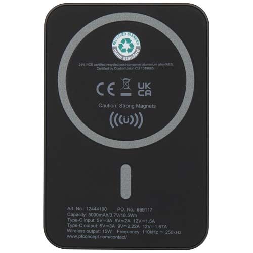 black Batería externa inalámbrica magnética de 5000 mAh y 15 W con PD de 20 W fabricada con plástico reciclado