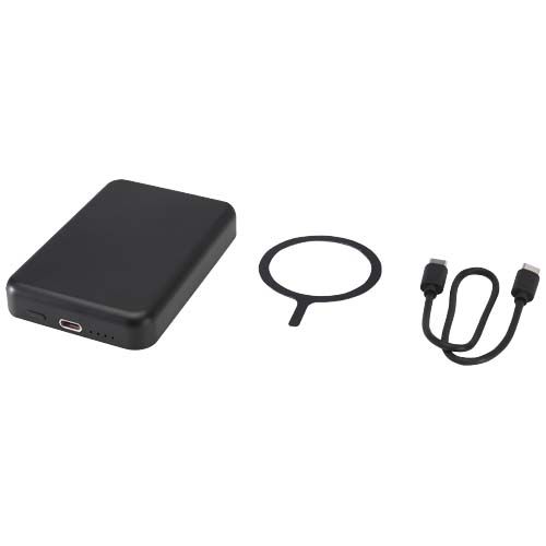 black Batería externa inalámbrica magnética de 5000 mAh y 15 W con PD de 20 W fabricada con plástico reciclado