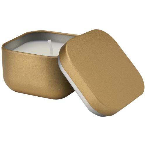 Vela cuadrada en caja metálica con aroma de vainilla 