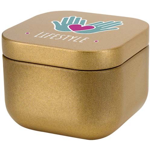 Vela cuadrada en caja metálica con aroma de vainilla 