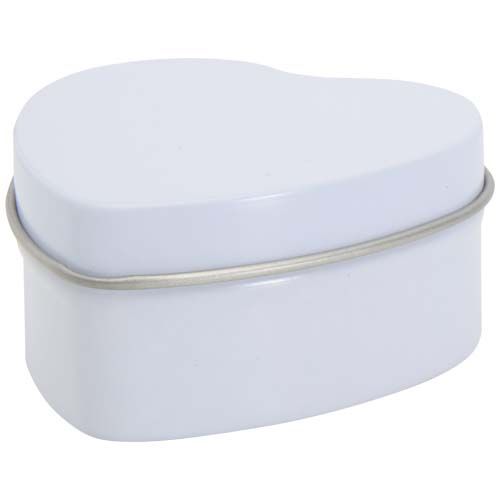white Vela con forma de corazón y aroma de vainilla en caja metálica