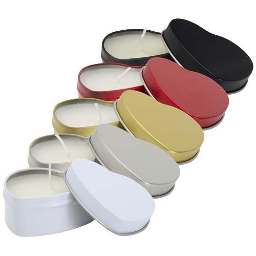 white Vela con forma de corazón y aroma de vainilla en caja metálica