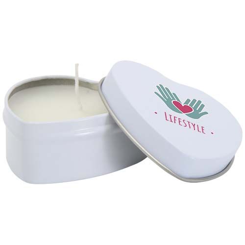 white Vela con forma de corazón y aroma de vainilla en caja metálica