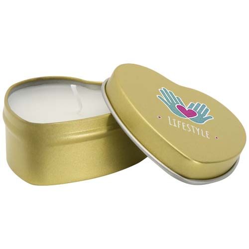 oro rosa Vela con forma de corazón y aroma de vainilla en caja metálica
