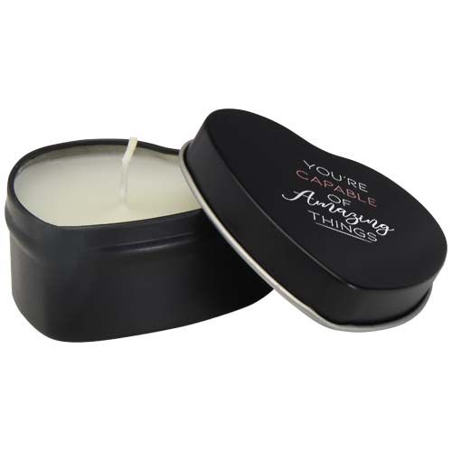 black Vela con forma de corazón y aroma de vainilla en caja metálica