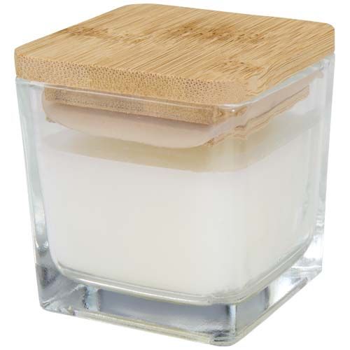 white Vela cuadrada en soporte de vidrio con tapa de bambú