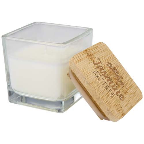 Vela cuadrada en soporte de vidrio con tapa de bambú 