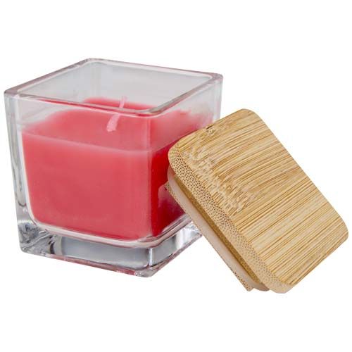 Vela cuadrada en soporte de vidrio con tapa de bambú 