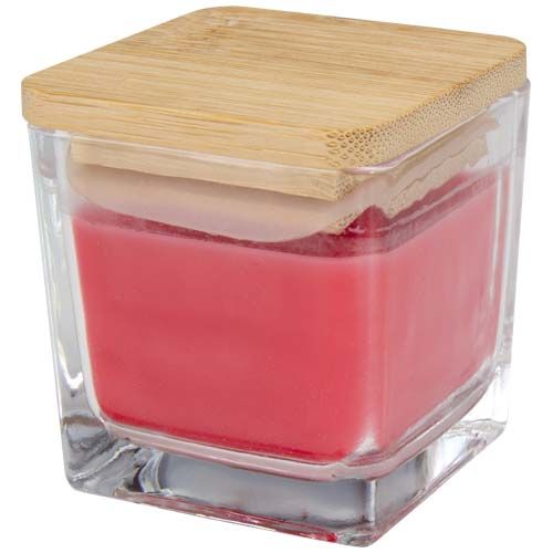 Vela cuadrada en soporte de vidrio con tapa de bambú 