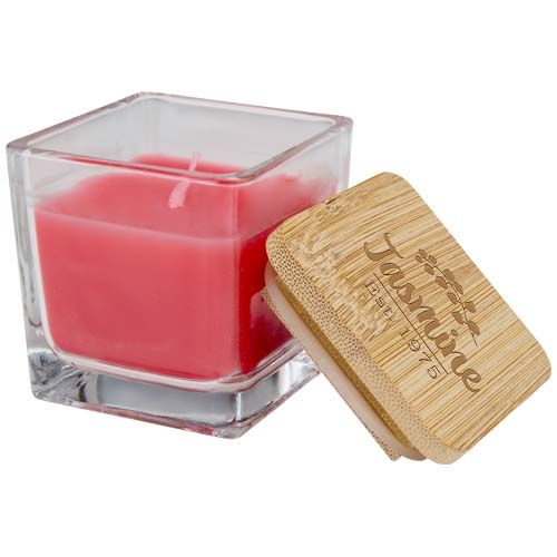 Vela cuadrada en soporte de vidrio con tapa de bambú 