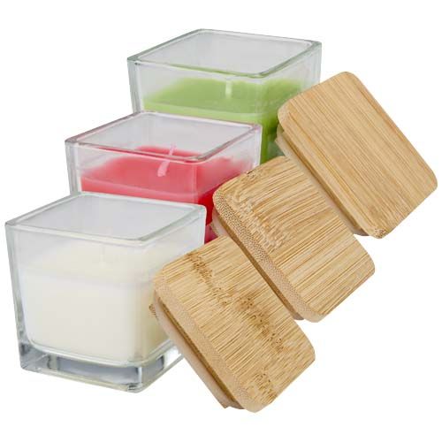 Vela cuadrada en soporte de vidrio con tapa de bambú 