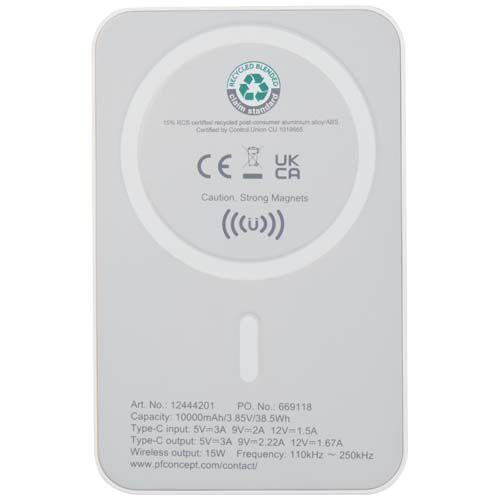 white Batería externa inalámbrica magnética de 10 000 mAh y 15 W con PD de 20 W fabricada con plástico reciclado