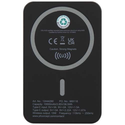 black Batería externa inalámbrica magnética de 10 000 mAh y 15 W con PD de 20 W fabricada con plástico reciclado