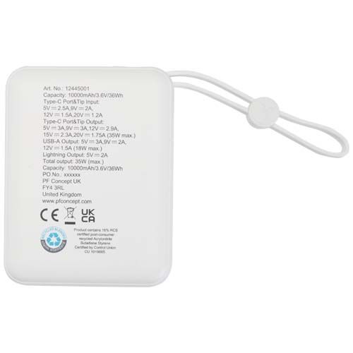 white Batería externa para tableta de 10 000 mAh y 35 W con cable tipo C integrado y fabricada con plástico reciclado