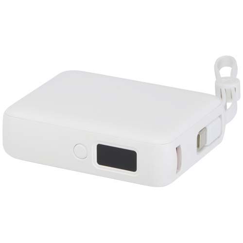 white Batería externa para tableta de 10 000 mAh y 35 W con cable tipo C integrado y fabricada con plástico reciclado