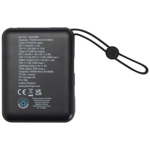 black Batería externa para tableta de 10 000 mAh y 35 W con cable tipo C integrado y fabricada con plástico reciclado