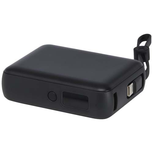 black Batería externa para tableta de 10 000 mAh y 35 W con cable tipo C integrado y fabricada con plástico reciclado