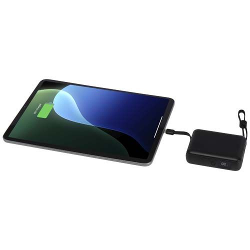 black Batería externa para tableta de 10 000 mAh y 35 W con cable tipo C integrado y fabricada con plástico reciclado