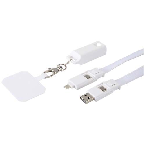 white Lanyard de plástico reciclado para smartphone con sincronización de datos integrada y cable 5 en 1 de carga rápida de 65 W