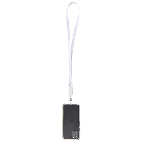white Lanyard de plástico reciclado para smartphone con sincronización de datos integrada y cable 5 en 1 de carga rápida de 65 W