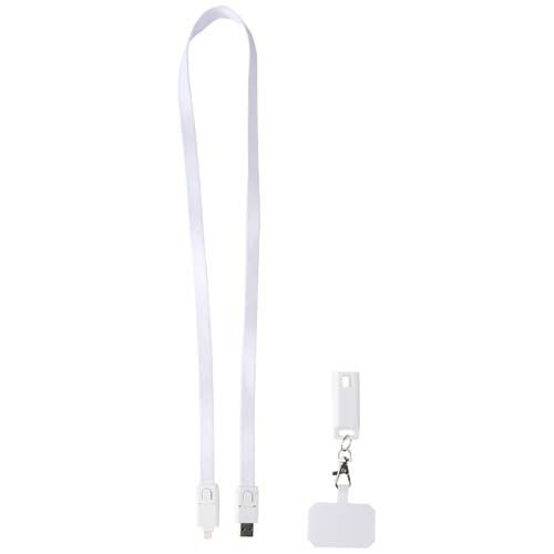 white Lanyard de plástico reciclado para smartphone con sincronización de datos integrada y cable 5 en 1 de carga rápida de 65 W