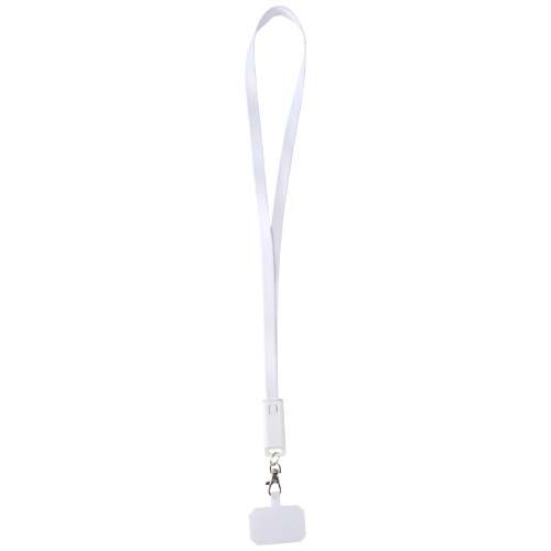 white Lanyard de plástico reciclado para smartphone con sincronización de datos integrada y cable 5 en 1 de carga rápida de 65 W