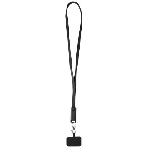 black Lanyard de plástico reciclado para smartphone con sincronización de datos integrada y cable 5 en 1 de carga rápida de 65 W