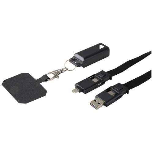 black Lanyard de plástico reciclado para smartphone con sincronización de datos integrada y cable 5 en 1 de carga rápida de 65 W