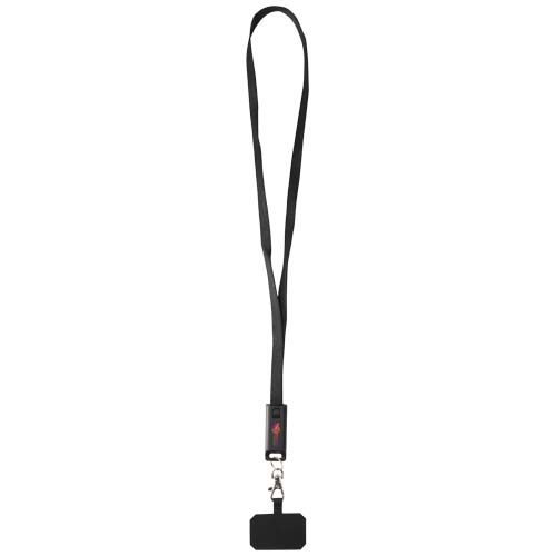 black Lanyard de plástico reciclado para smartphone con sincronización de datos integrada y cable 5 en 1 de carga rápida de 65 W