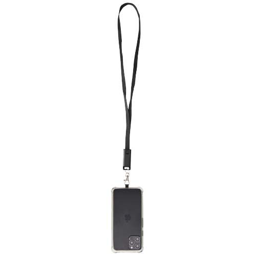 black Lanyard de plástico reciclado para smartphone con sincronización de datos integrada y cable 5 en 1 de carga rápida de 65 W