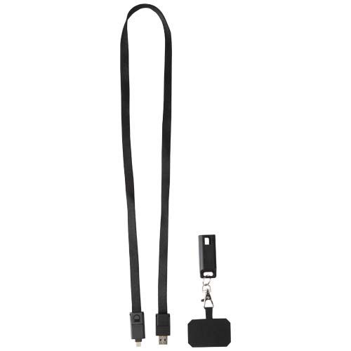 black Lanyard de plástico reciclado para smartphone con sincronización de datos integrada y cable 5 en 1 de carga rápida de 65 W