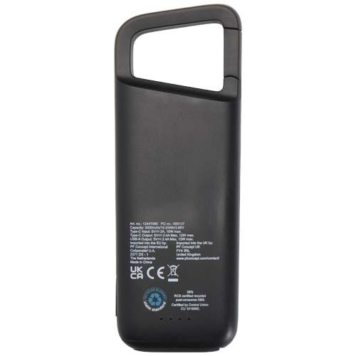 Batería externa de 5000 mAh y 12 W de plástico reciclado resistente al agua con mosquetón 